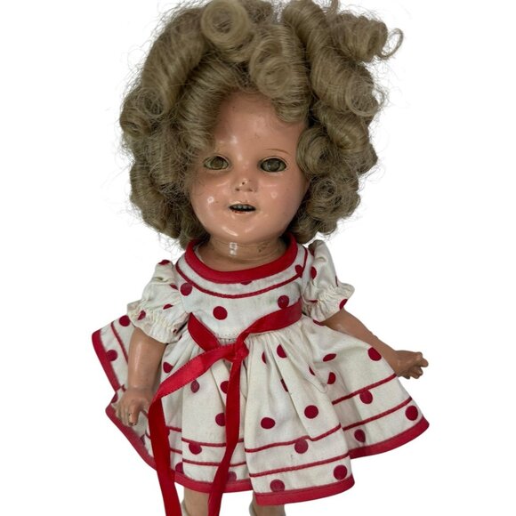 Vintage 1930s Shirley Temple 13" Composition Doll Wig Sleep Eyes Stand Up Cheer